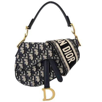 Dior 2-Way Oblique Saddle Bag Crossbody Canvas Leather Navy Beige Gold