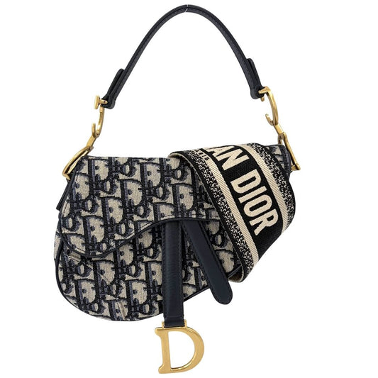 Dior 2-Way Oblique Saddle Bag Crossbody Canvas Leather Navy Beige Gold