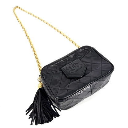Chanel Shoulder Bag Fringe Quilted Chain CC Logo Crossbody Lambskin Black Gold — view 3