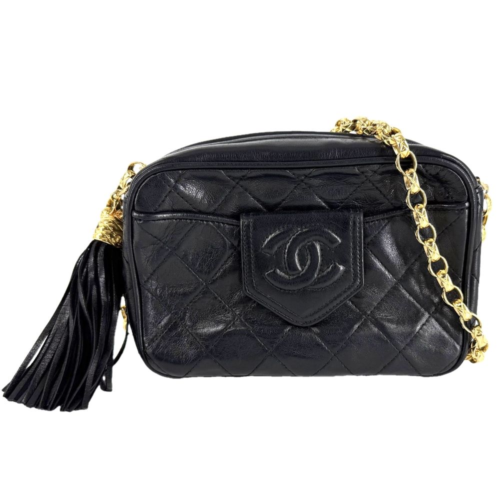 Chanel Shoulder Bag Fringe Quilted Chain CC Logo Crossbody Lambskin Black Gold