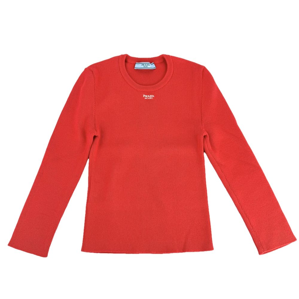 Prada Knit Logo Cropped Long Sleeve Top Red Cotton Polyamide Elastane Autumn 36