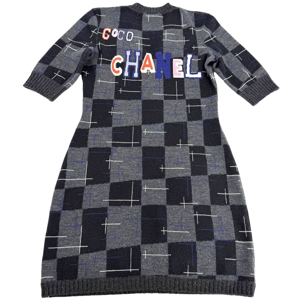 Chanel Dress Knit V-neck Check Black Gray Cashmere Wool Autumn Winter 34 — view 2
