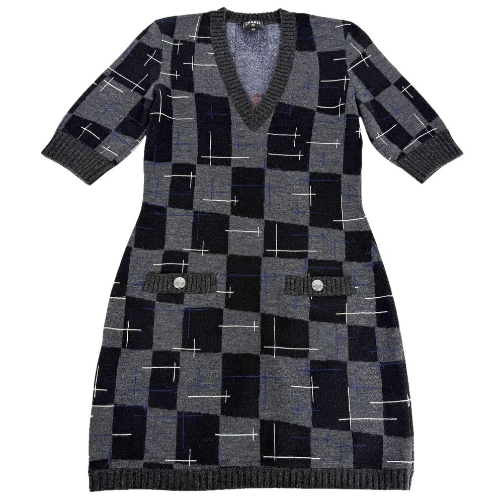 Chanel Dress Knit V-neck Check Black Gray Cashmere Wool Autumn Winter 34