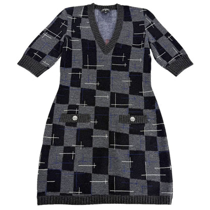 Chanel Dress Knit V-neck Check Black Gray Cashmere Wool Autumn Winter 34