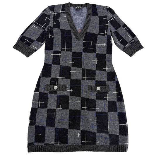 Chanel Dress Knit V-neck Check Black Gray Cashmere Wool Autumn Winter 34