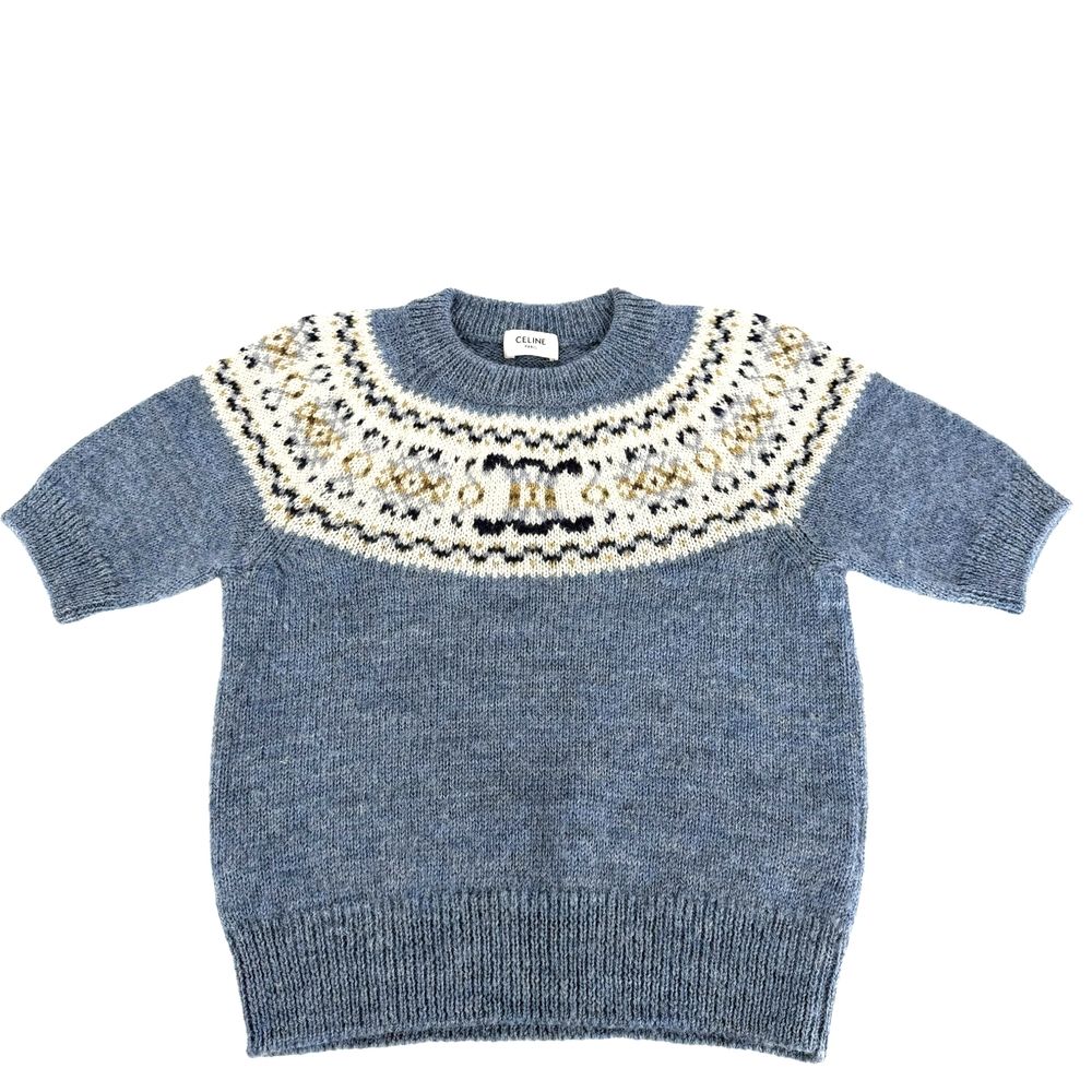 Celine Knit Fair Isle Pattern Top Blue White Wool Autumn Sweater XS
