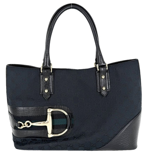 Gucci Tote Bag Horsebit Shoulder Crossbody GG Canvas Leather Black Navy Gold