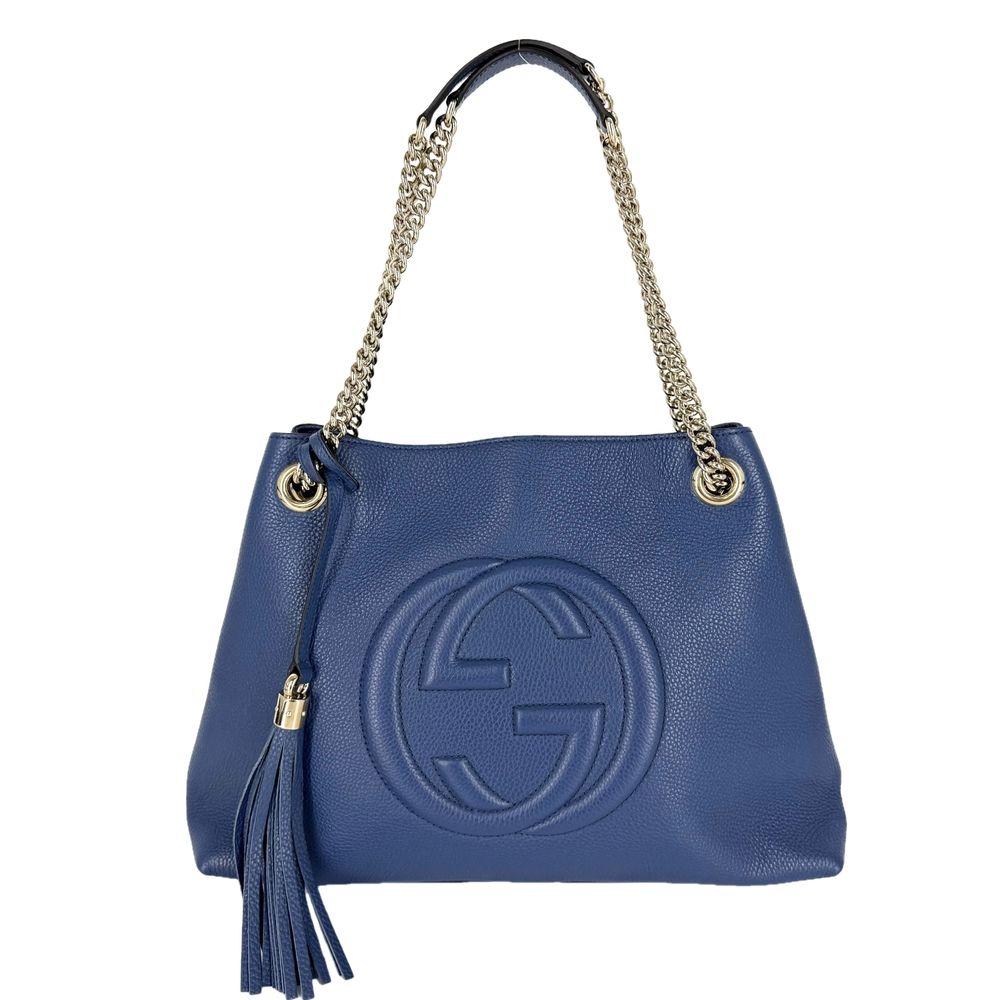 Gucci Tote Bag Soho Interlocking G Shoulder Leather Blue Gold