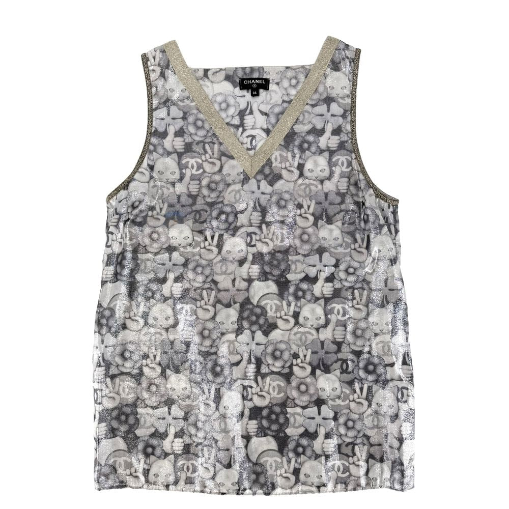 Chanel Tank Top Cat Hand Sign Sleeveless 34 Silver Gold Silk