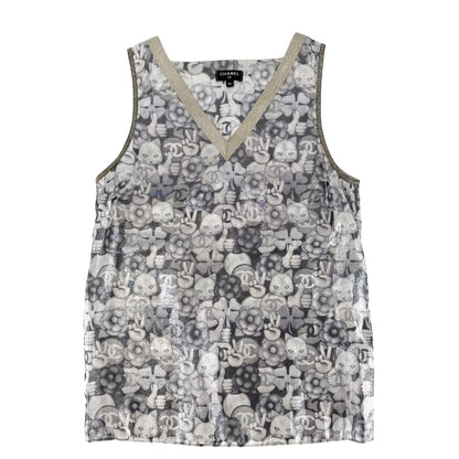 Chanel Tank Top Cat Hand Sign Sleeveless 34 Silver Gold Silk
