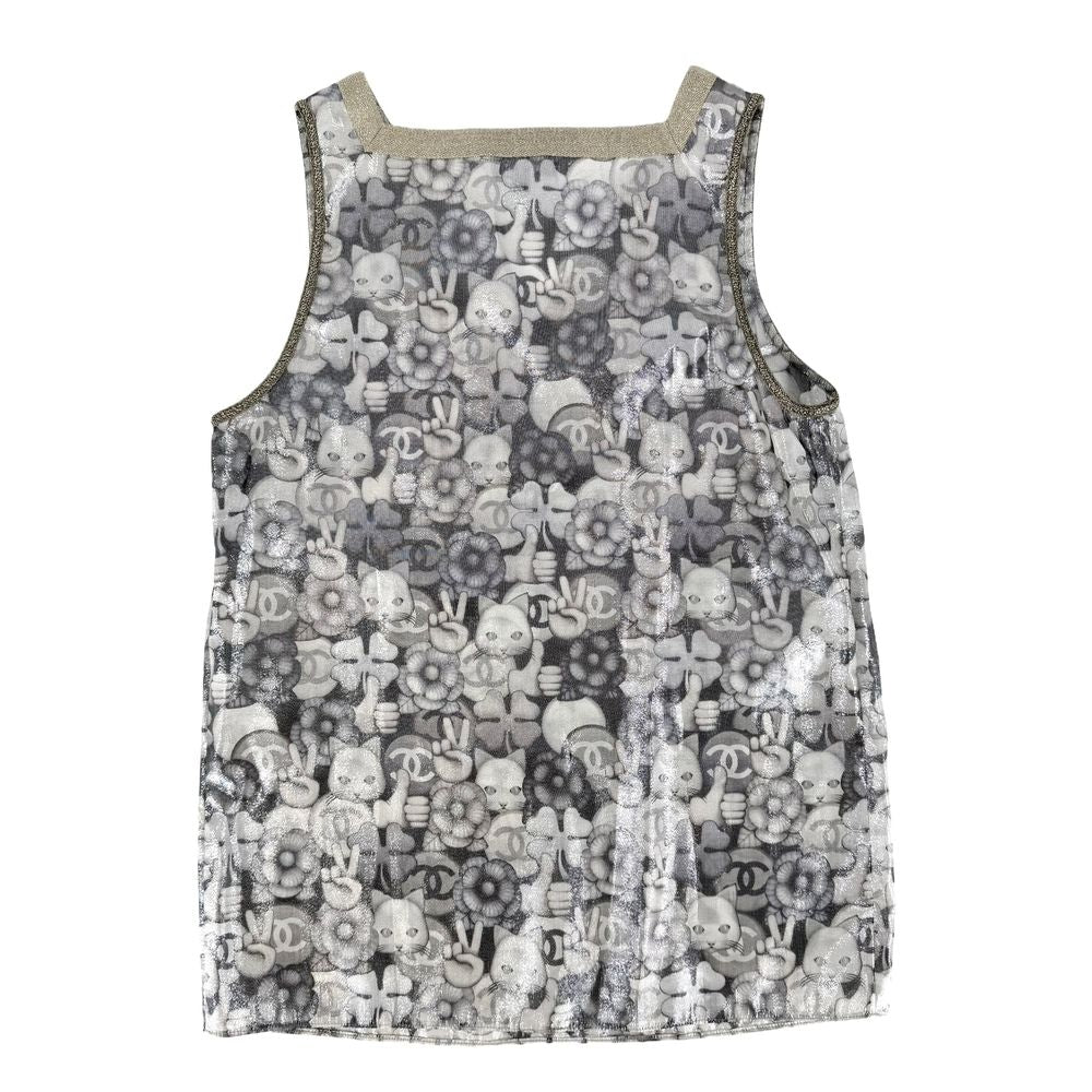 Chanel Tank Top Cat Hand Sign Sleeveless 34 Silver Gold Silk — view 2