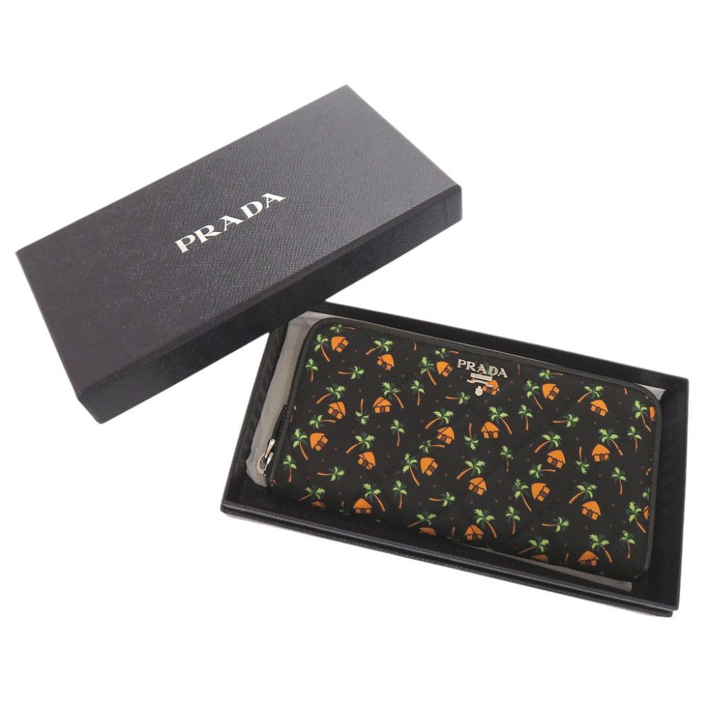 Prada Palm Tree House Nylon Saffiano Leather Black Multicolor Zip Around Wallet — view 2