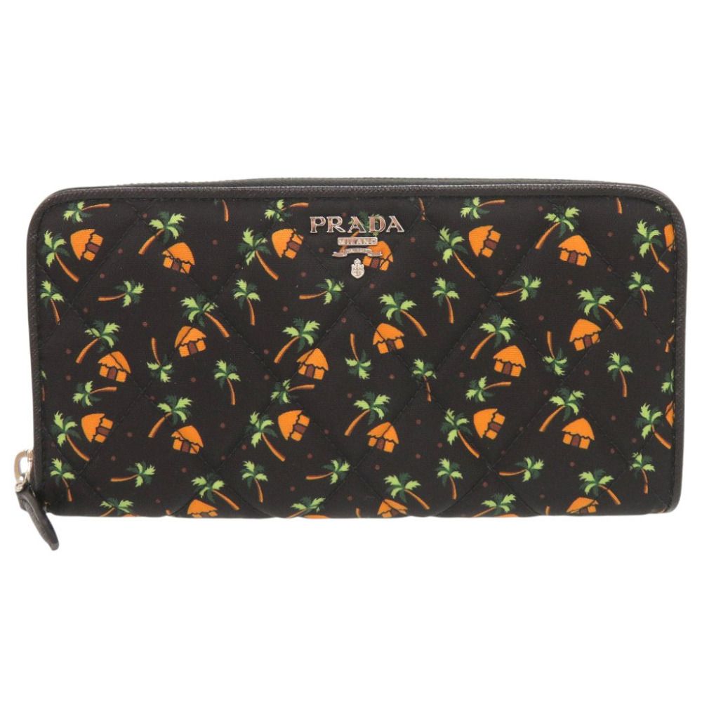 Prada Palm Tree House Nylon Saffiano Leather Black Multicolor Zip Around Wallet