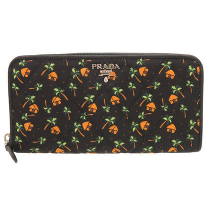 Prada Palm Tree House Nylon Saffiano Leather Black Multicolor Zip Around Wallet