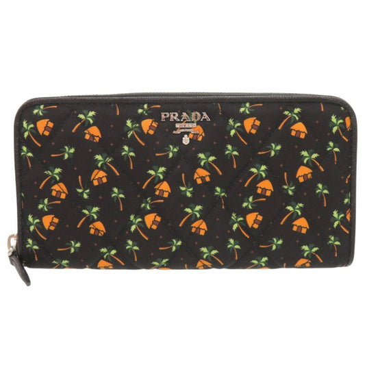 Prada Palm Tree House Nylon Saffiano Leather Black Multicolor Zip Around Wallet