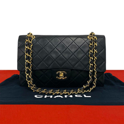 Chanel Vintage Quilted Double Flap Lambskin Chain Shoulder Bag Black