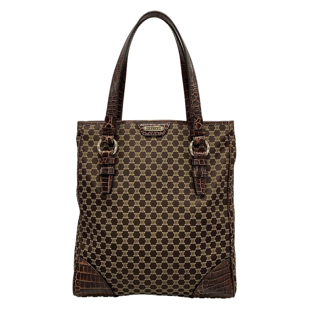 Celine Tote Bag Macadam Pattern Dark Brown Beige Embossed Leather