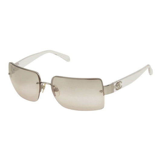 Chanel CC Logo Rimless Sunglasses Eyewear Brown Clear Silver Acetate Metal