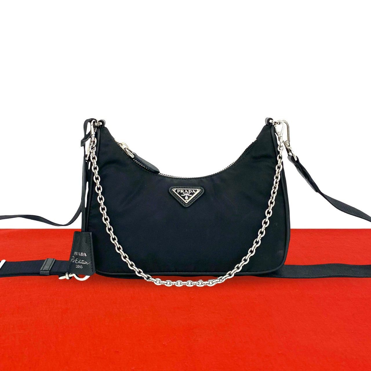 Prada Triangle Logo Tessuto Pocono Nylon Saffiano Leather Chain Shoulder Bag
