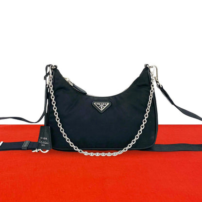 Prada Triangle Logo Tessuto Pocono Nylon Saffiano Leather Chain Shoulder Bag