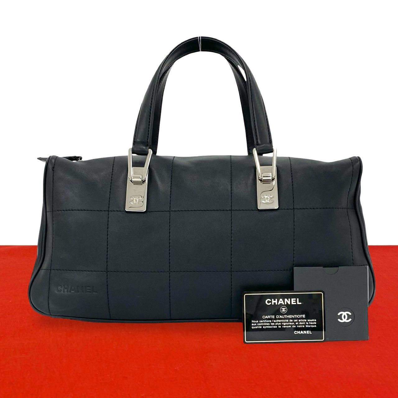 Chanel Choco Bar CC Logo Leather Mini Boston Bag Black