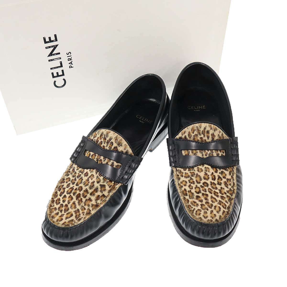 Celine Leopard Calf Hair Loafers Black Brown