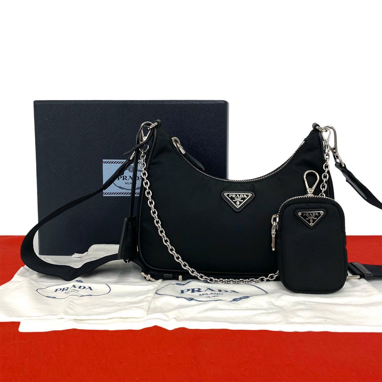 Prada Triangle Logo Tessuto Pocono Nylon Saffiano Leather Chain 2-Way Shoulder