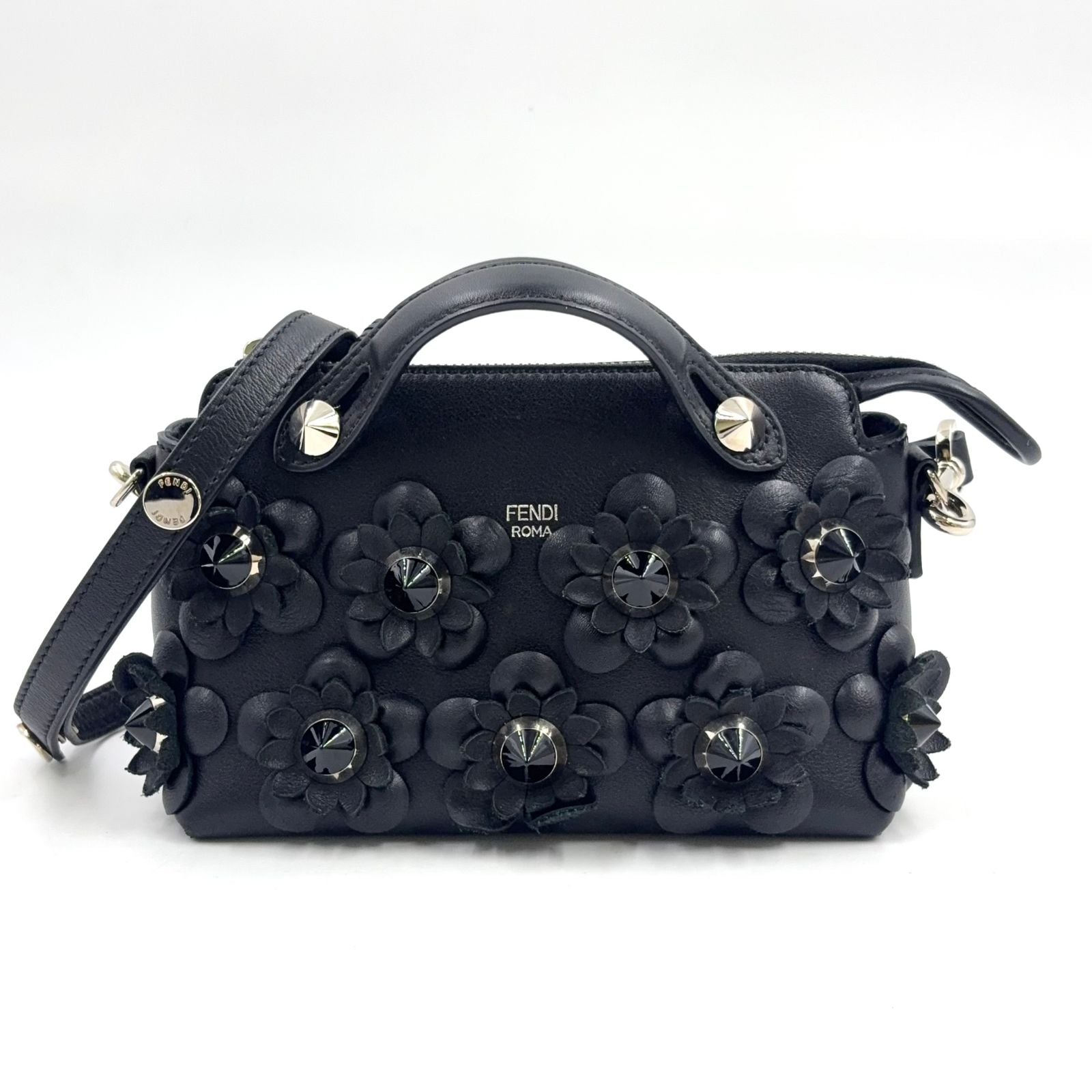 Fendi by the Way Flowerland 2-Way Calfskin Black Handbag Silver