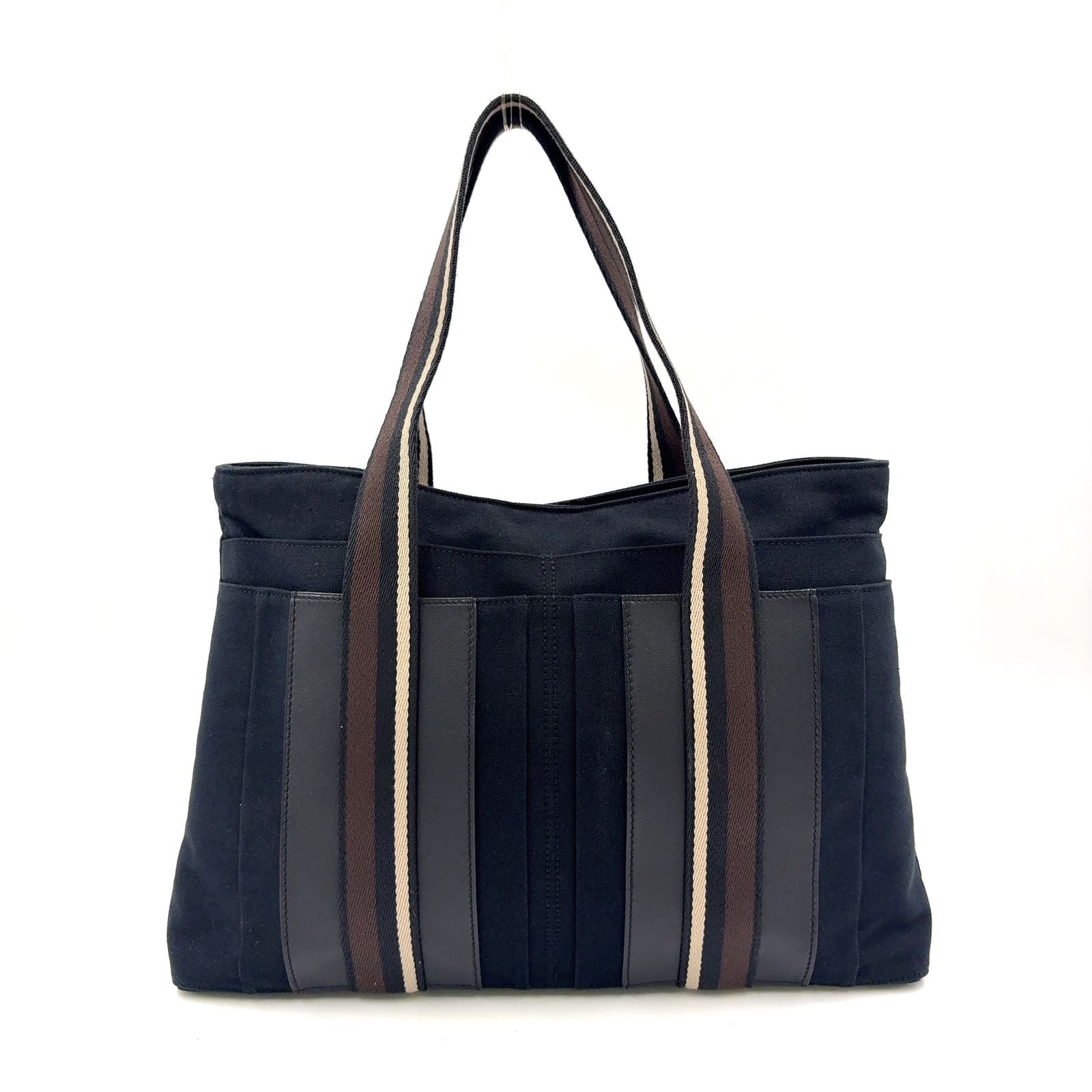 Hermes Troca Horizontal Leather Canvas Brown Black Beige Tote Bag Silver