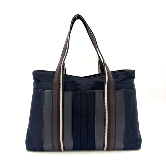 Hermes Troca Horizontal Leather Canvas Brown Black Beige Tote Bag Silver