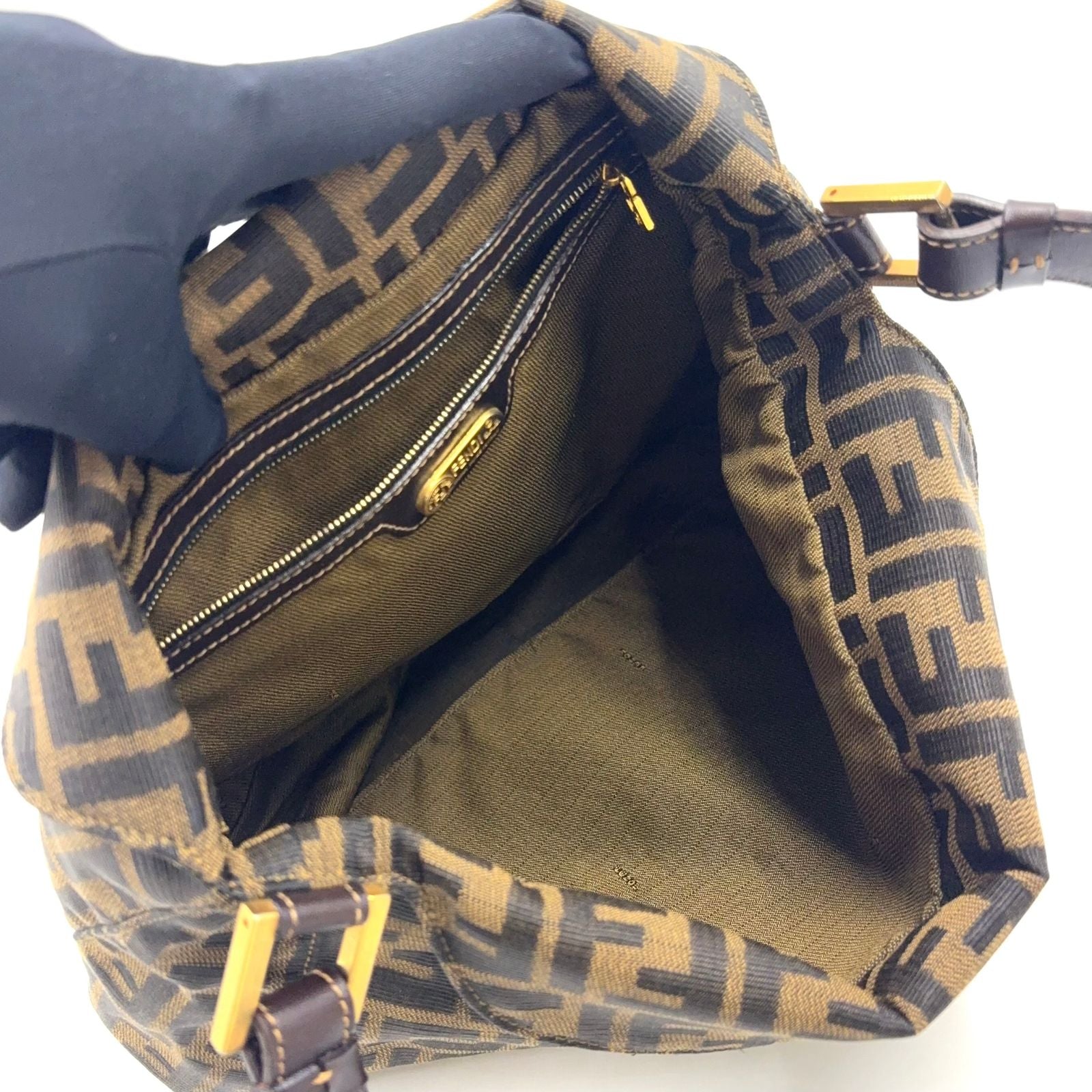 Fendi Zucca Pattern Leather Canvas Brown Black Bag Gold — view 3