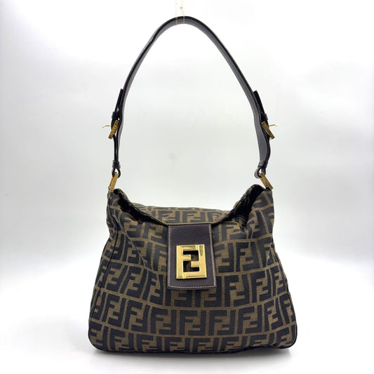 Fendi Zucca Pattern Leather Canvas Brown Black Bag Gold