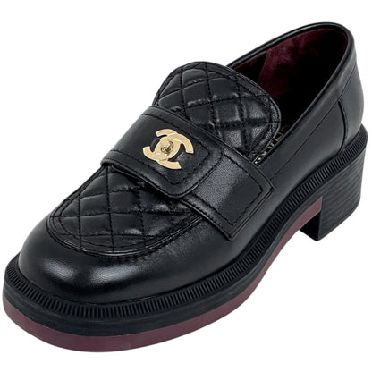 Chanel CC Logo Loafers Shoes Quilted Leather Black