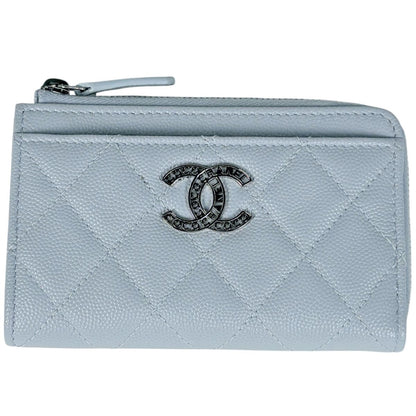Chanel Card Case CC Logo Quilted Coin Purse Caviar Leather Light Blue