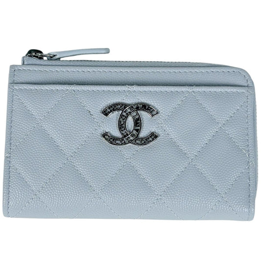 Chanel Card Case CC Logo Quilted Coin Purse Caviar Leather Light Blue