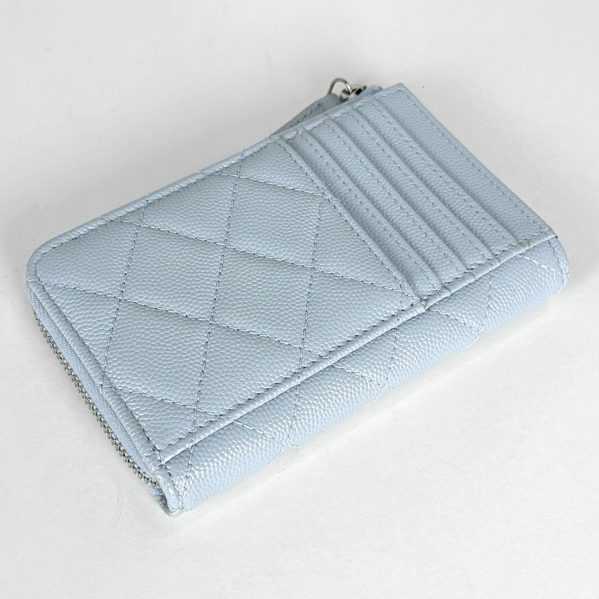 Chanel Card Case CC Logo Quilted Coin Purse Caviar Leather Light Blue — view 2