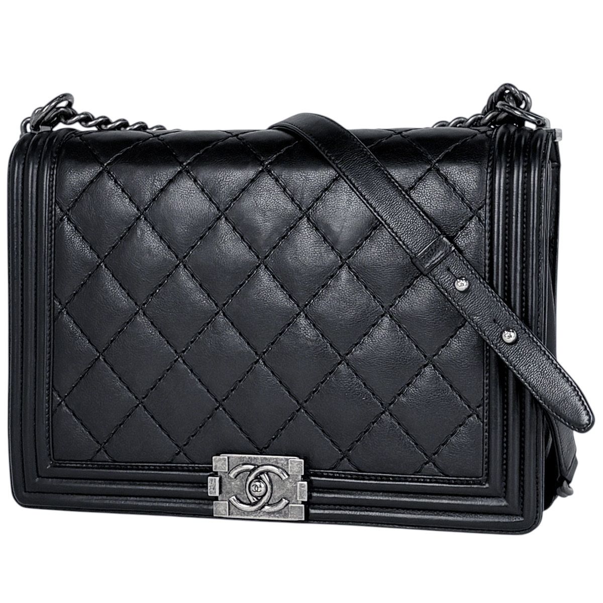 Chanel Shoulder Bag Boy CC Logo Leather Black