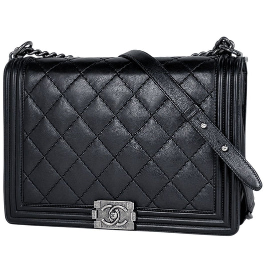 Chanel Shoulder Bag Boy CC Logo Leather Black