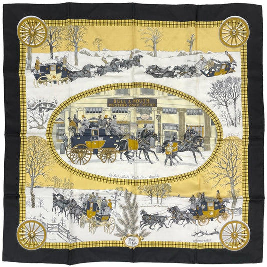 Hermes Carre 90 L'hiver en Poste Scarf Winter Mail Carriage Silk Black