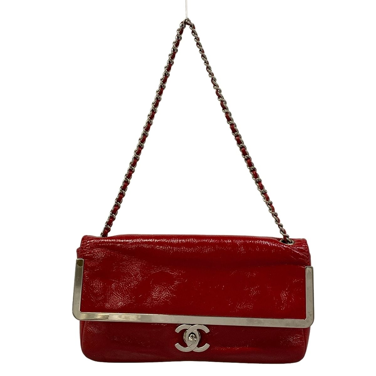 Chanel Shoulder Bag Red Silver Chain Leather