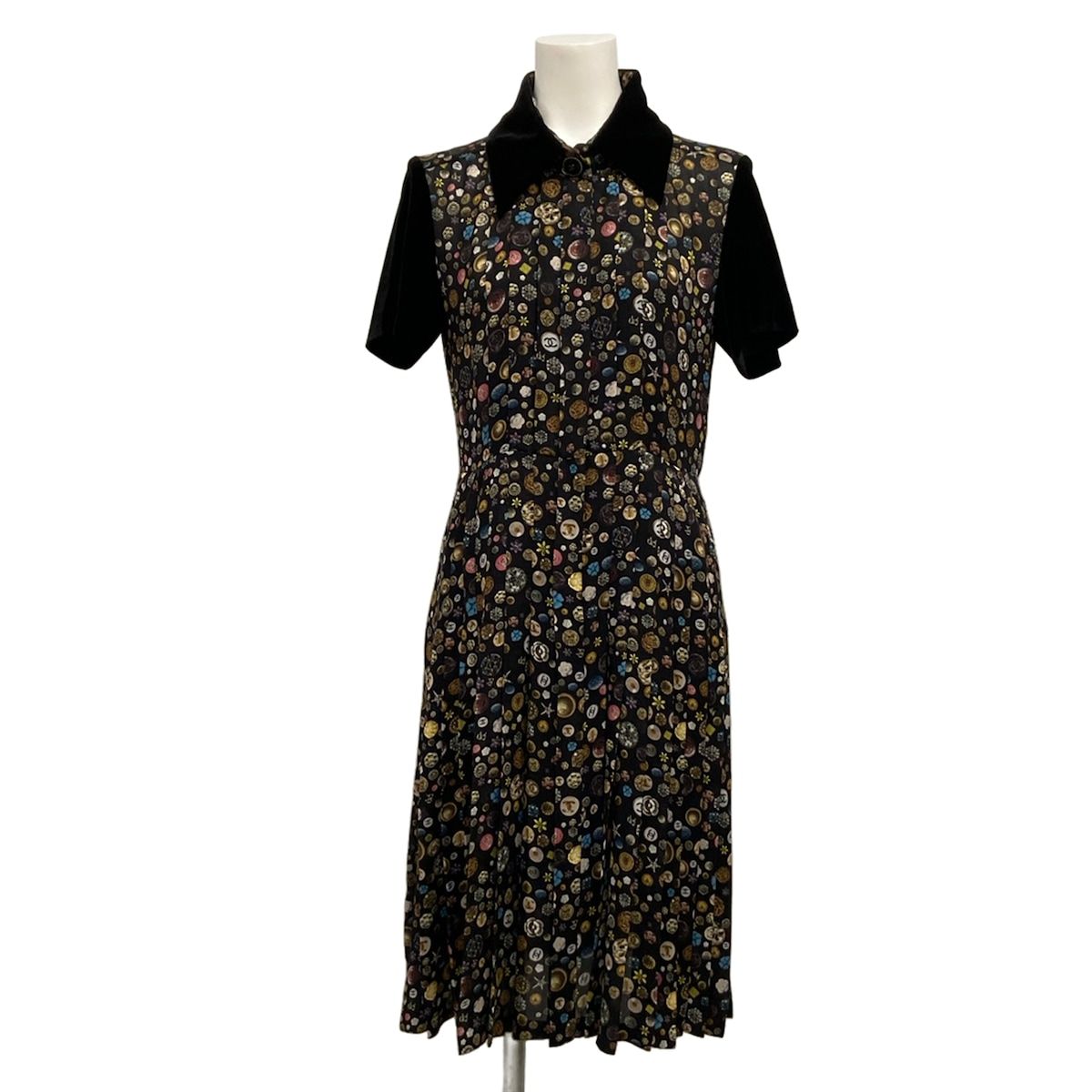 Chanel Dress S Black Multi Regular Color Short Sleeve Knee-length Velour 34