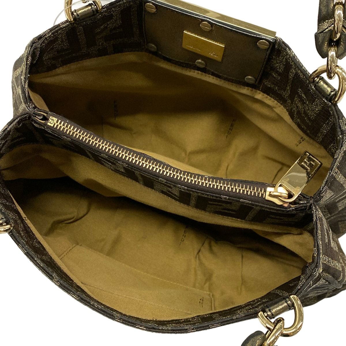 Fendi Handbag Mia Zucca Pattern Dark Brown Gold Chain Handle Leather — view 7