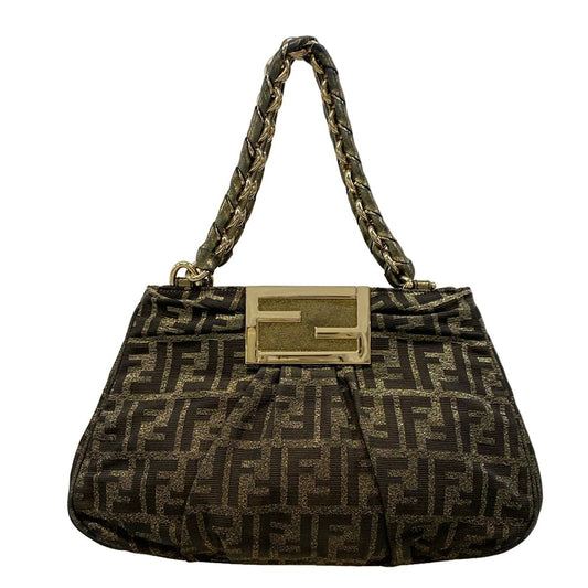 Fendi Handbag Mia Zucca Pattern Dark Brown Gold Chain Handle Leather