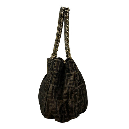 Fendi Handbag Mia Zucca Pattern Dark Brown Gold Chain Handle Leather — view 4