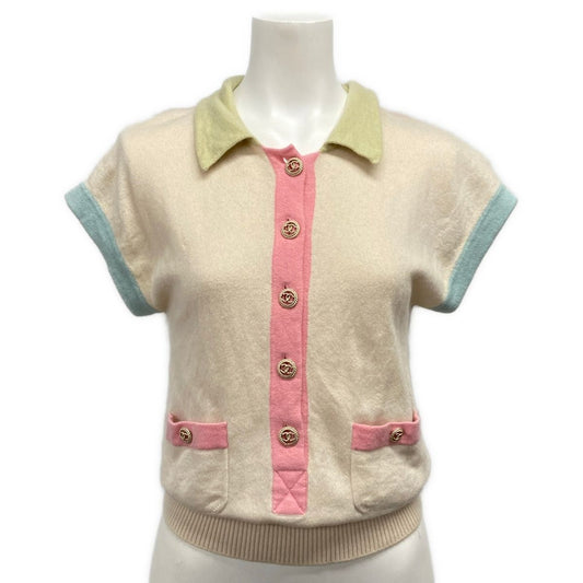Chanel Short Sleeve Sweater S Beige Light Green Multi
