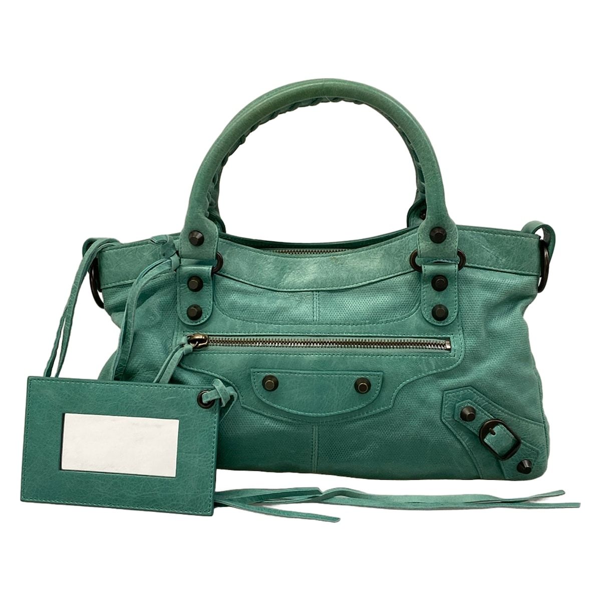 Balenciaga Handbag the First Light Green Perforated Leather