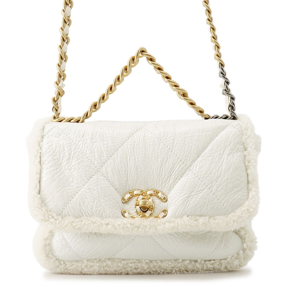 Chanel Chain Shoulder Bag Chanel 19 Flap CC Logo Lambskin Shearling White 2-Way
