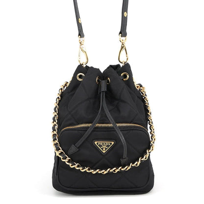 Prada Duet Drawstring Triangle Logo Nylon Leather 2-Way Shoulder Bag Black