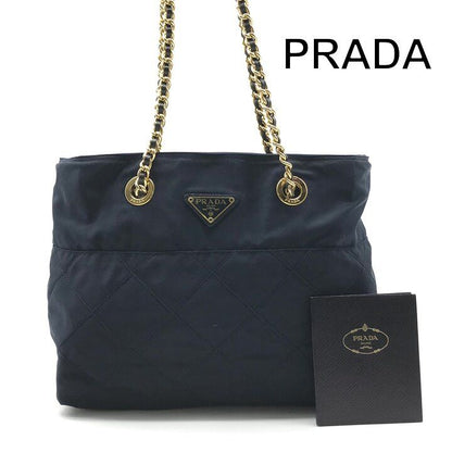 Prada Nylon Quilted Chain Shoulder Tote Bag Navy