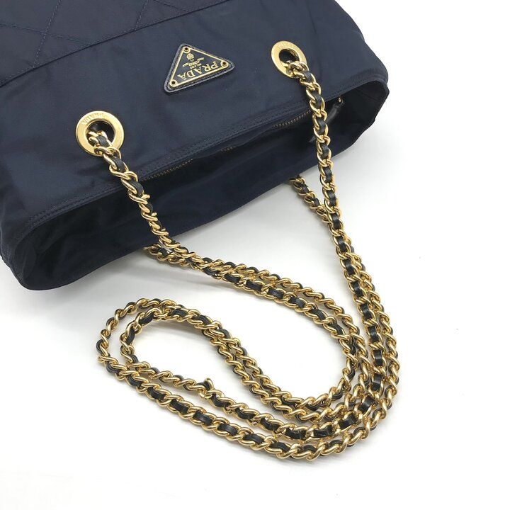 Prada Nylon Quilted Chain Shoulder Tote Bag Navy — view 6